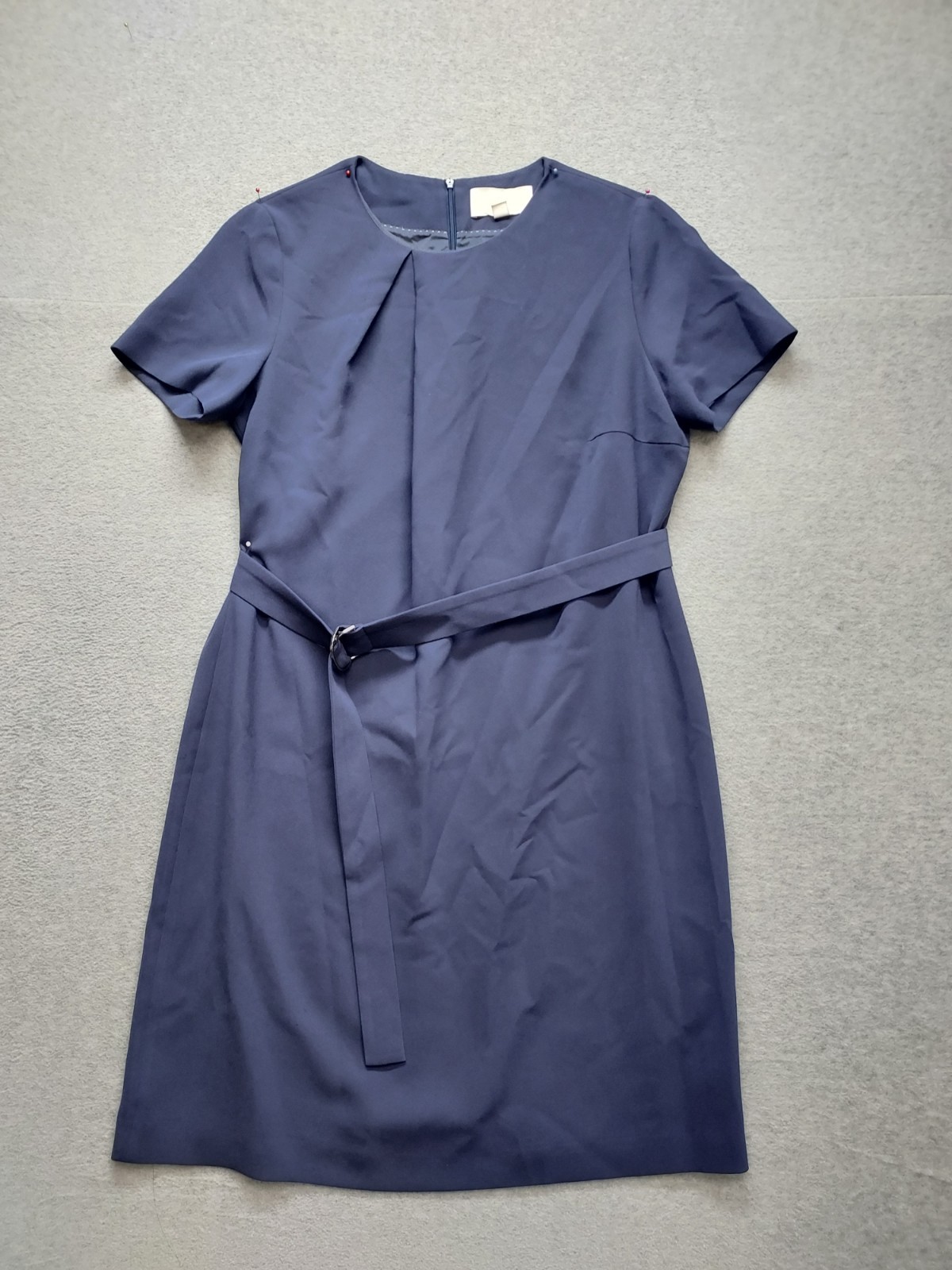Hugo Boss Women Shift Dress 12 Blue Back Zipper Tie Waist Short Sleeve Cocktail