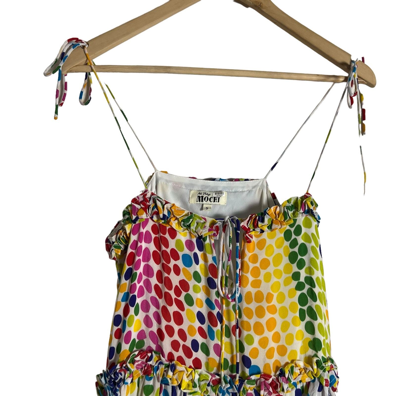 All Things Mochi Blessica Rainbow Polka Dot Print Tiered Silk Mini Dress Sz S