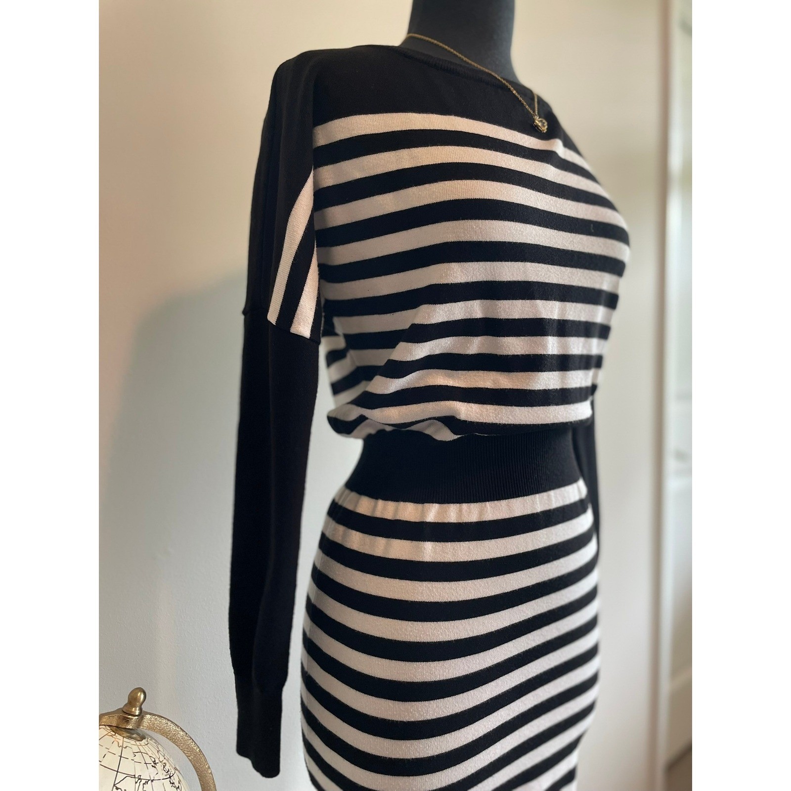 WHBM Striped Knit Blouson Sweater Dress Black White S
