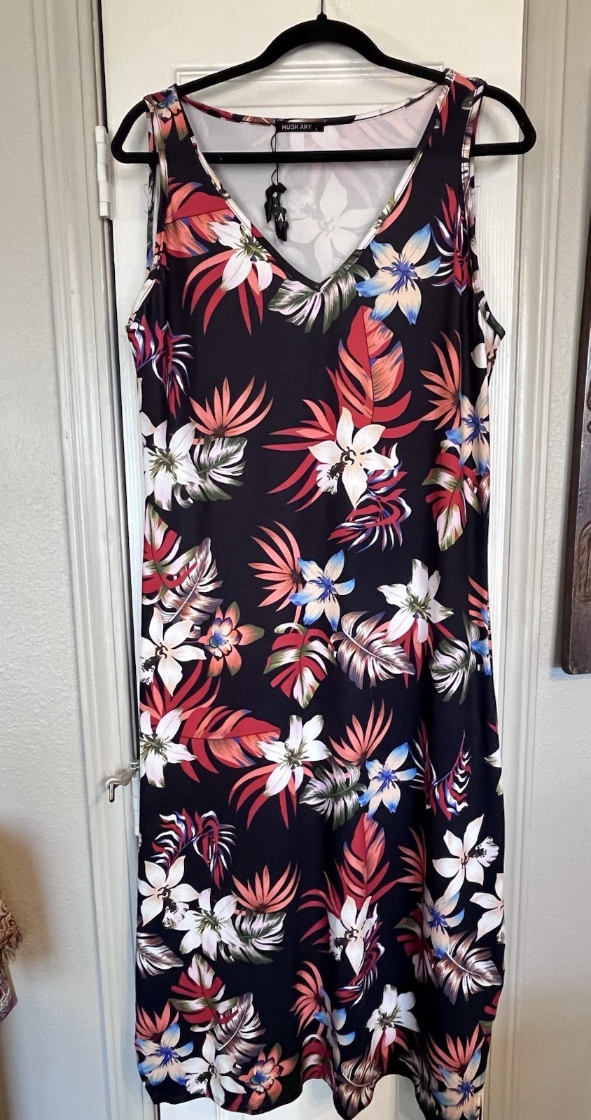 Hawaiian Casual Sleeveless Pullover Dress Black tropical floral size large NWT