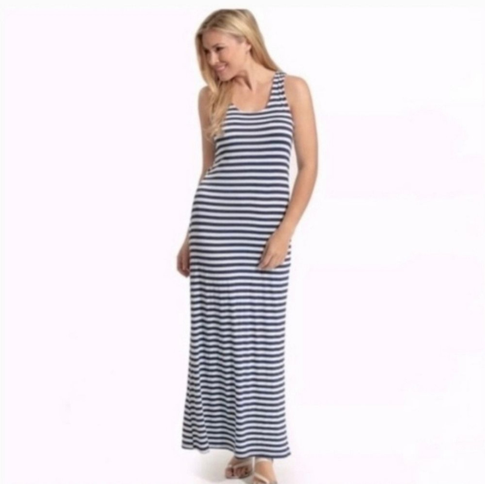 🍒Sail To Sable Long Navy Blue White Stiped Dress M