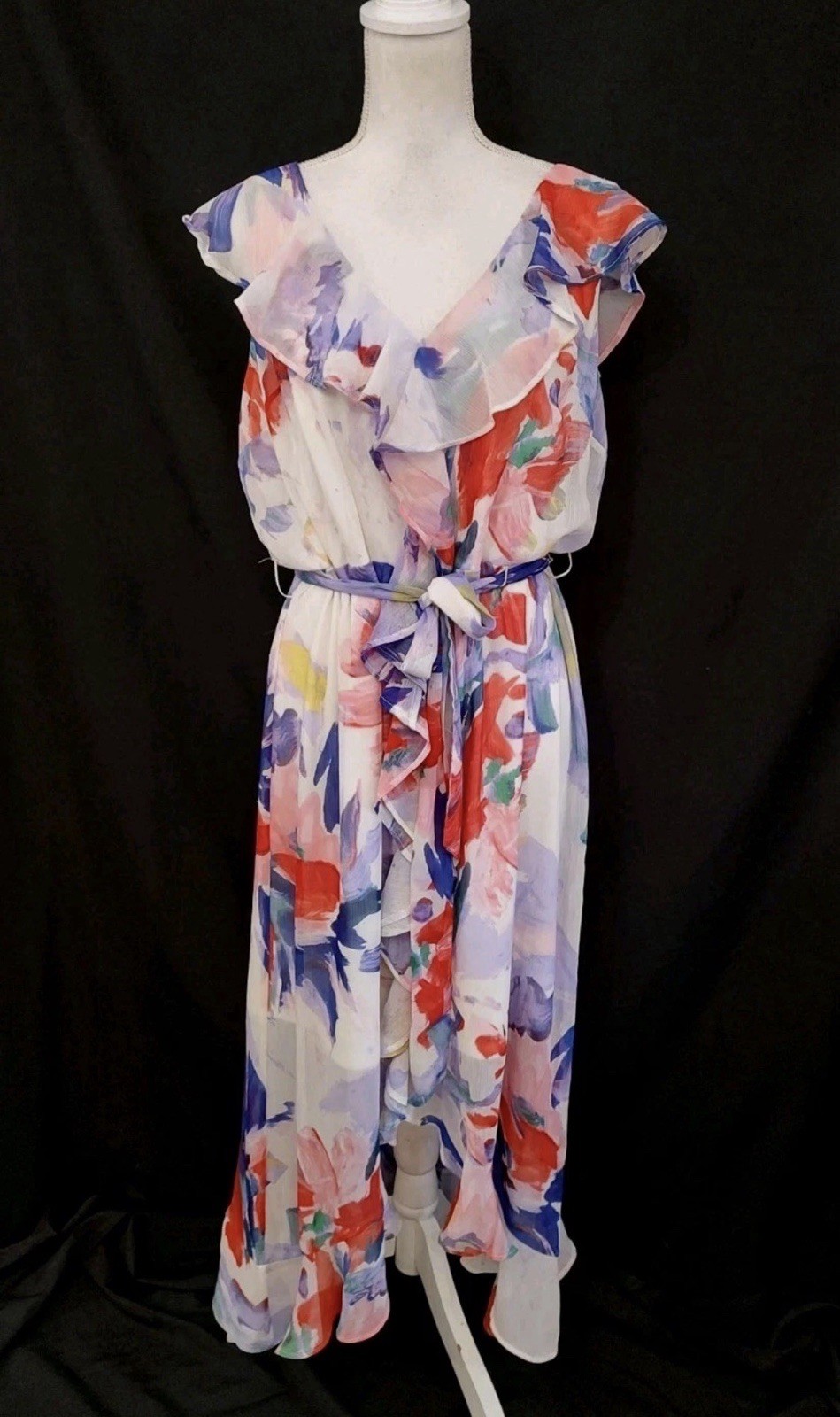 Harper Rose Maxi Dress Watercolor Floral Ruffle Romantic Front Slit V Neck Sz 16