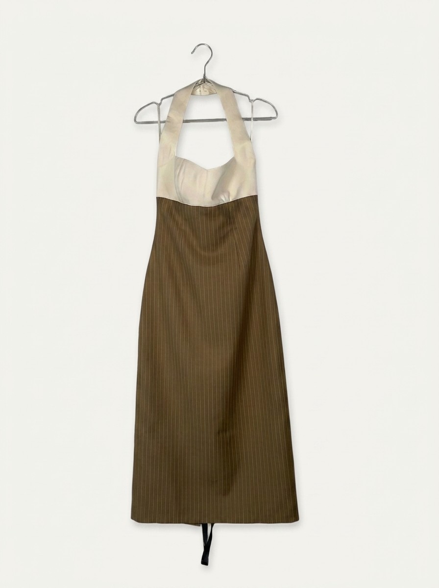Odd Muse Womens Pinstripe Midi Dress Cotton Mix Camel