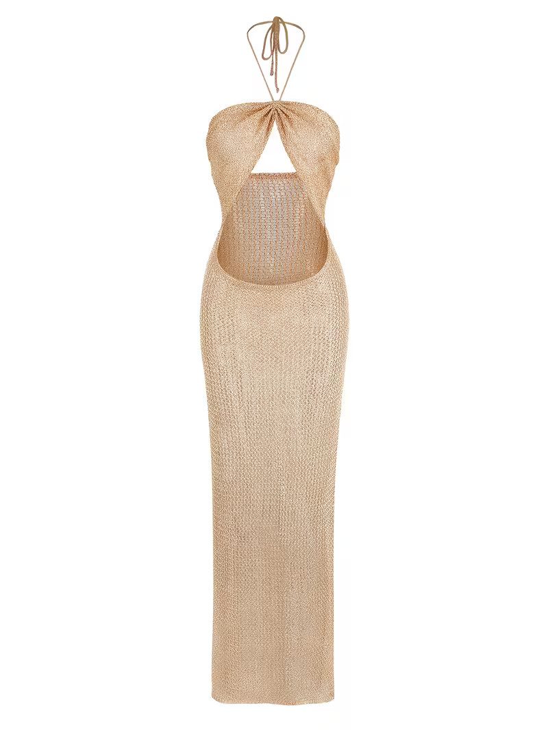 Asian M. Biege Maxi Dress. Backless Knit Sheer Mesh. Front Cut-Out. Halter. SEXY