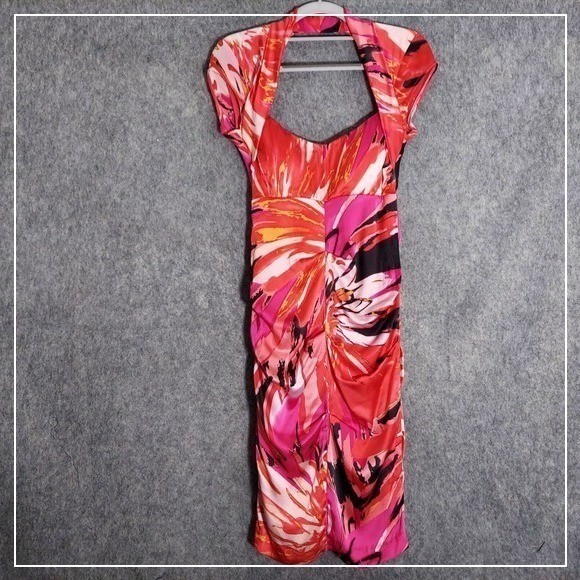 Cache Women Dress 4 Ruched Silk Print Tropical Resort Party Vacation Style Dress