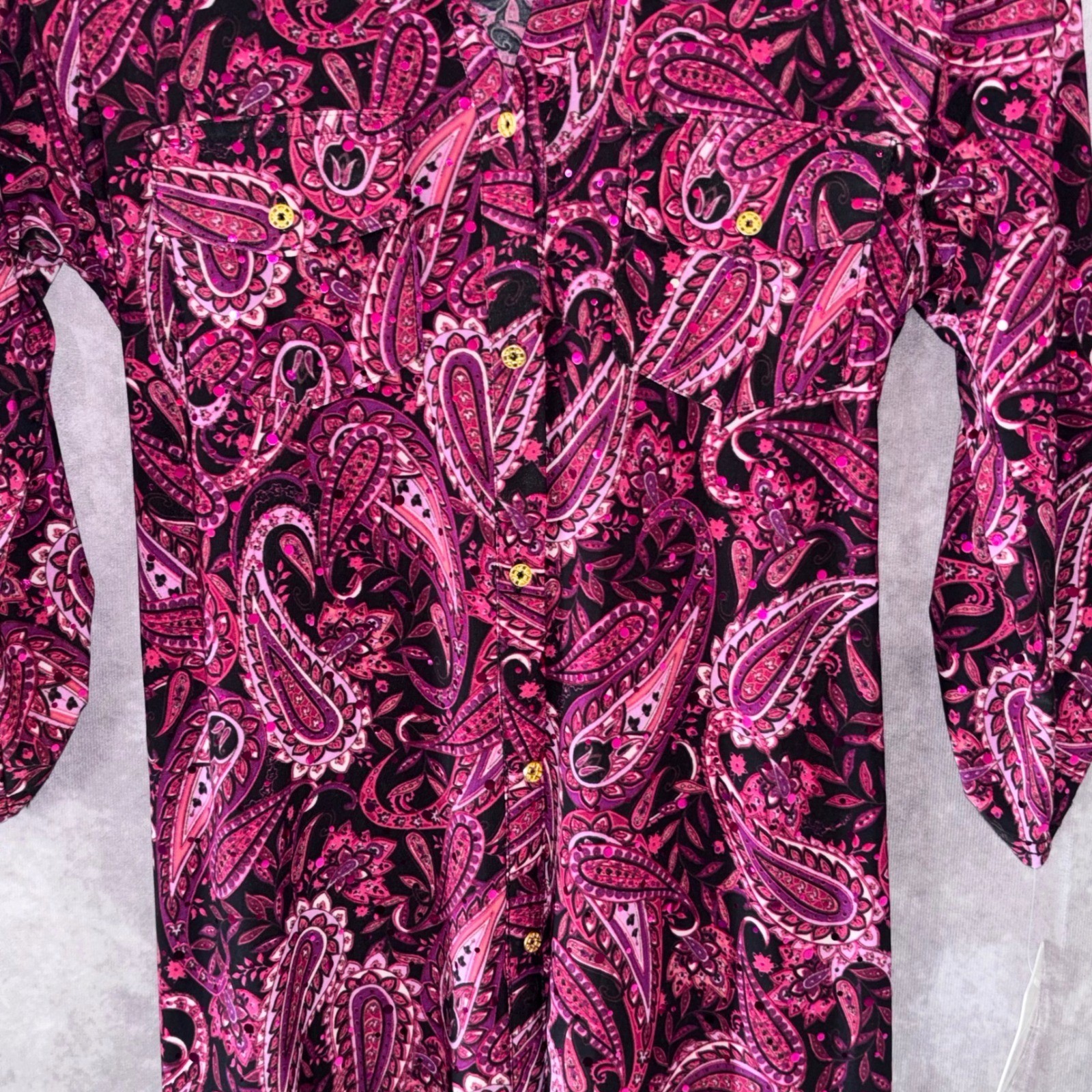 NWT Emily Daniels Petite Small Pink Paisley Sequin Button Front Shirt Dress