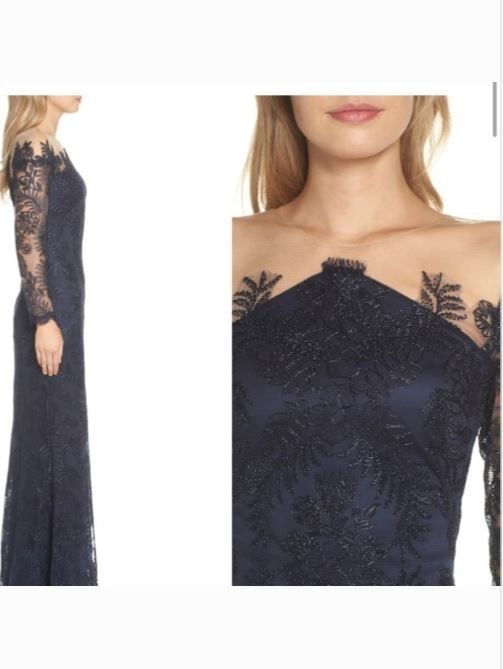 Tadashi Shoji Jocelyn Navy Lace Illusion Long Sleeve Evening Gown Dress 2