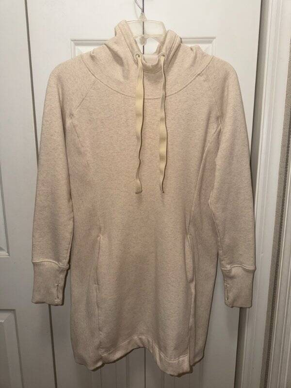 EARTH YOGA Beige Heather Hooded Sweatshirt Ribbed Dress-Size Large-EUC