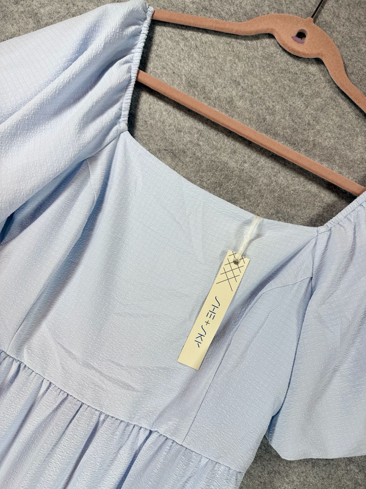 She + Sky Light Blue Puff Sleeve Tiered Midi Dress Size M