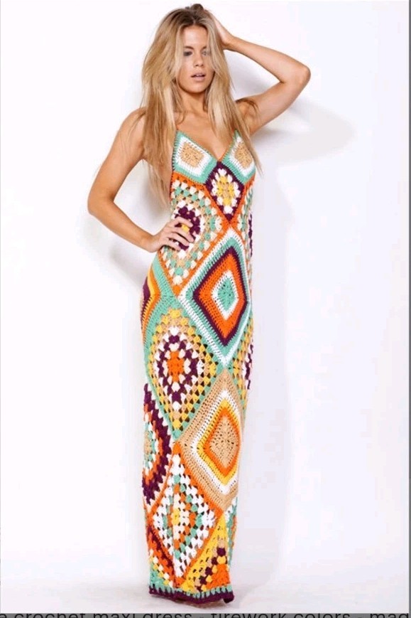 INDAH Syra Crochet Maxi Dress ML Gold Mix Boho Festival Knit Granny Square