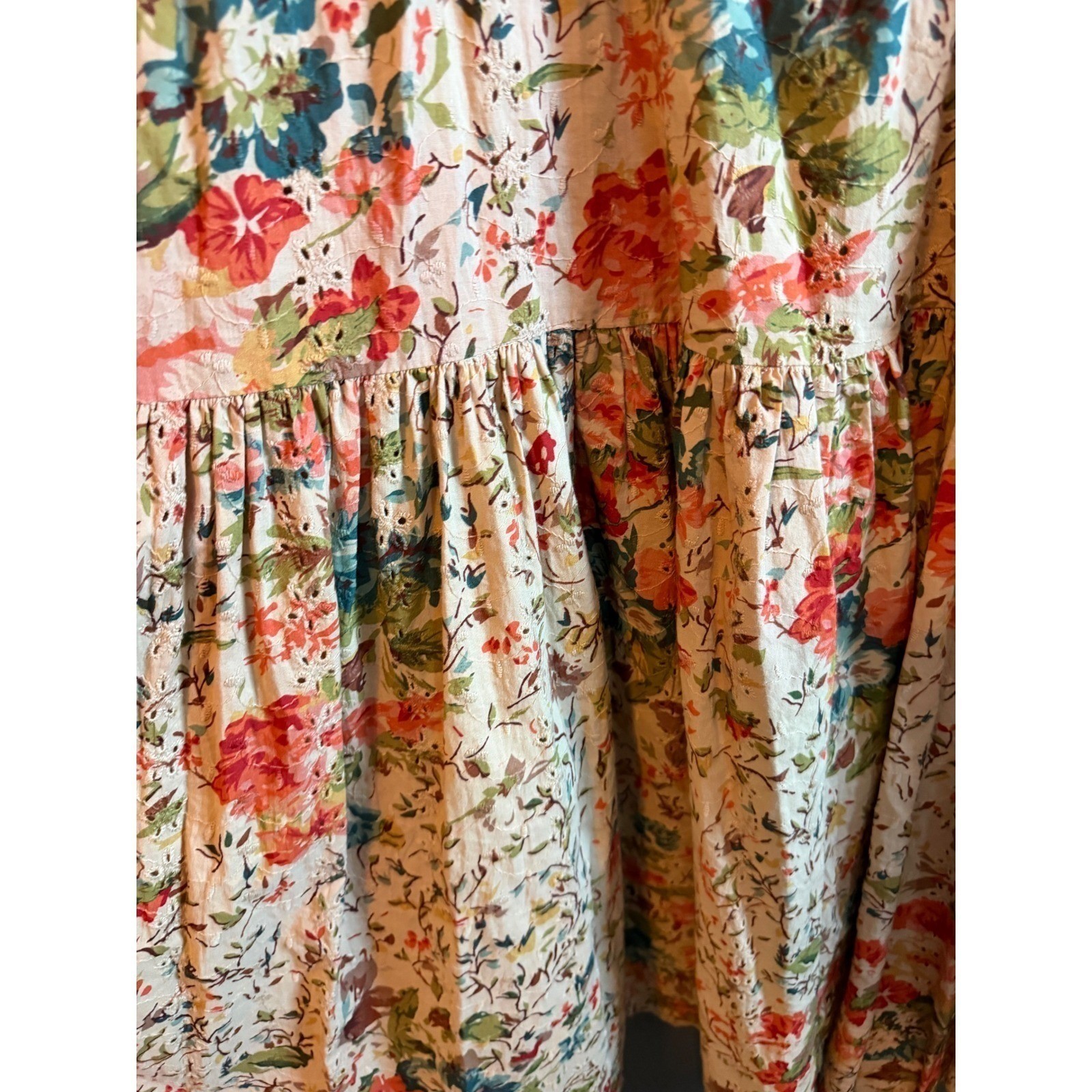Uncle Frank Floral Eyelet Tiered Midi Dress Puff Sleeve Boho Cottagecore Medium