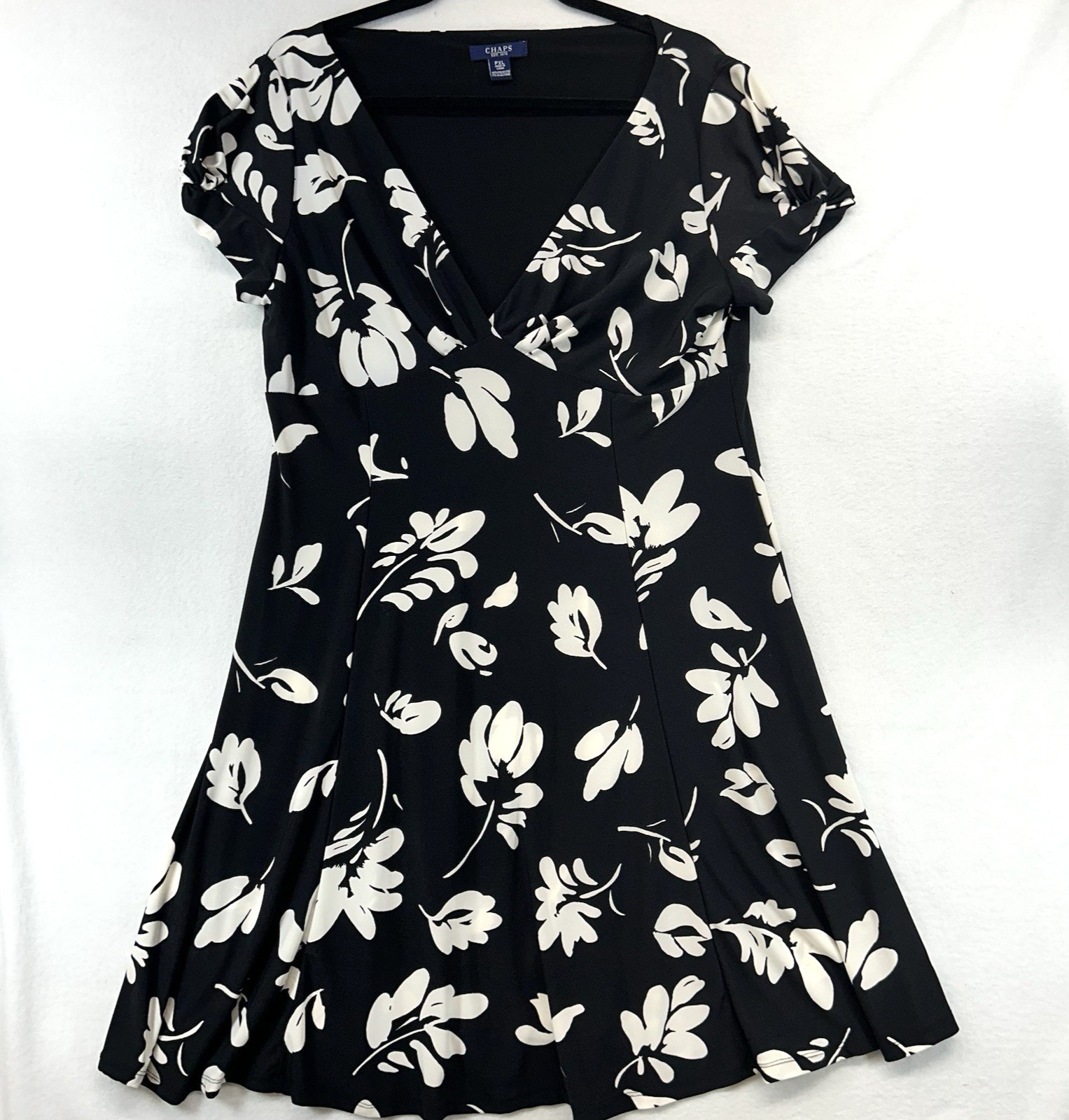 CHAPS Dress PXL Empire Deep V Black Ivory Floral Babydoll Career Office Casual