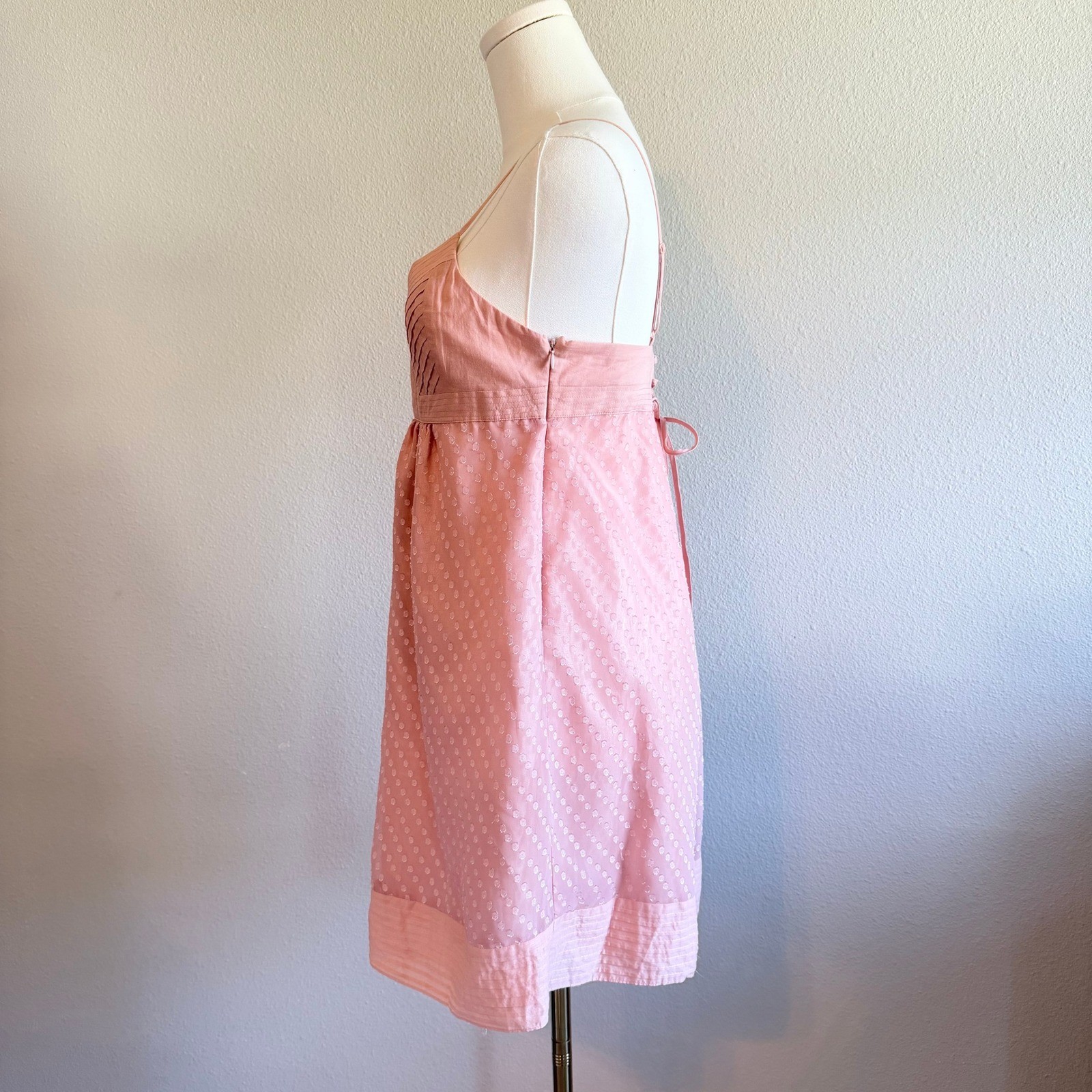 Romantic Balletcore Pink Swiss Dot Empire Waist Dress Lace Up Back Summer Y2K S