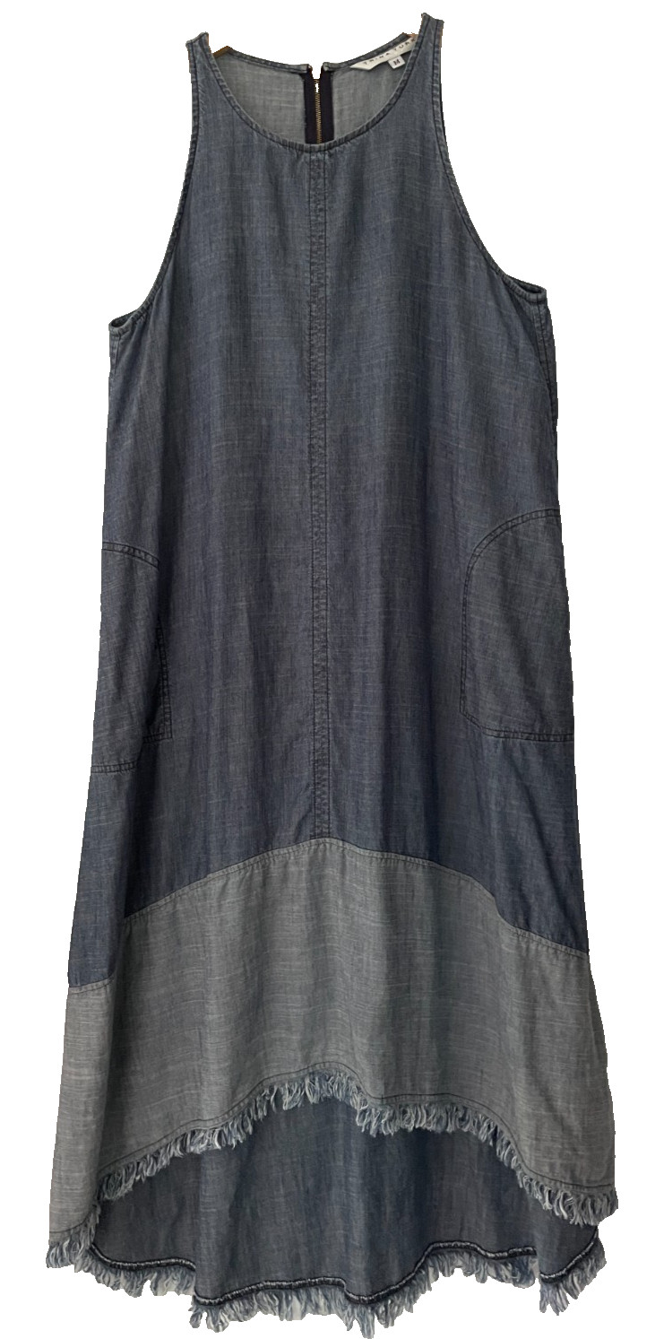 Trina Turk Linen Blend Dress Size M High-Low Chambray Blue Swing Trapeze Pockets