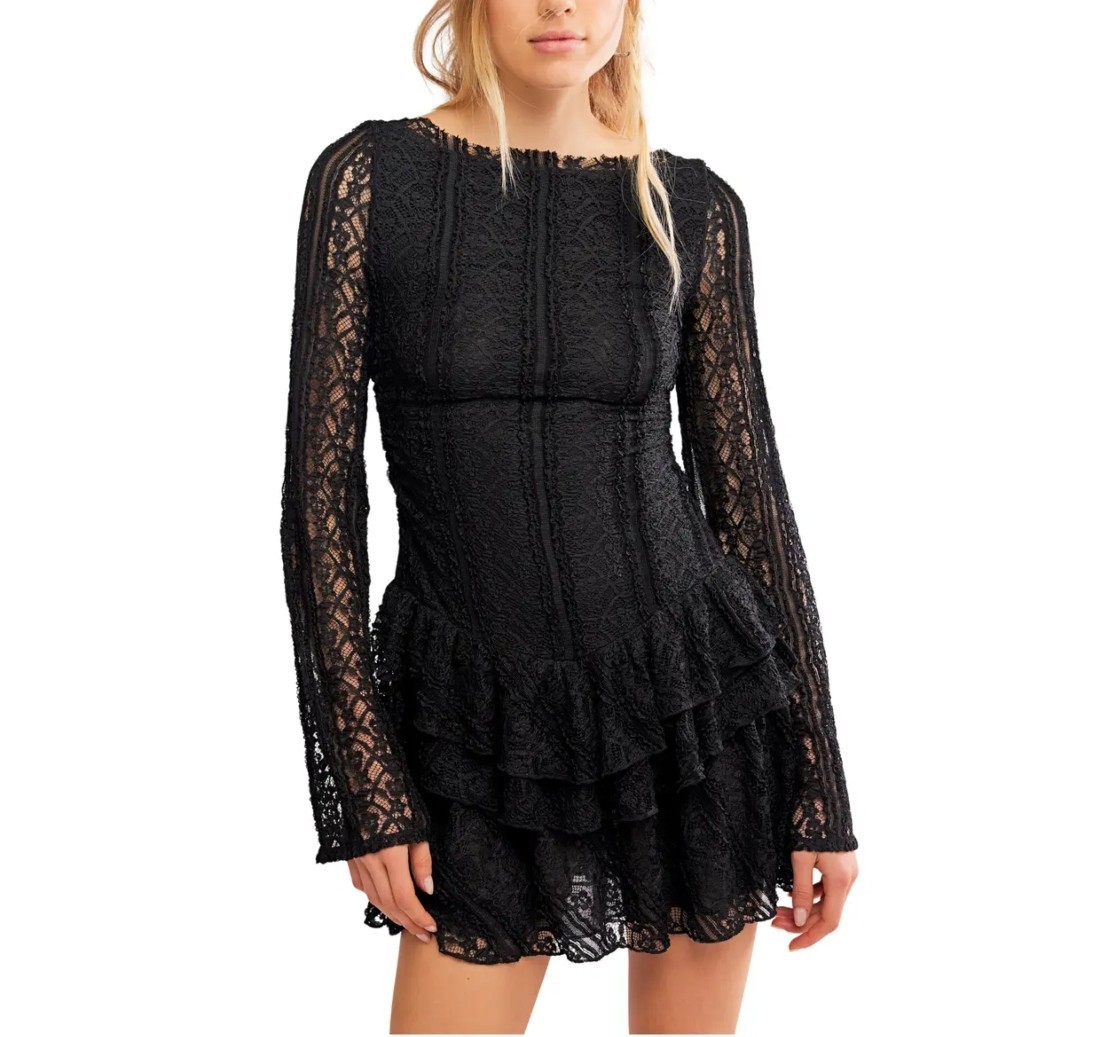 Free People Tabby Lace Long Sleeve Minidress Black Ruffled Ruched Size M NWT