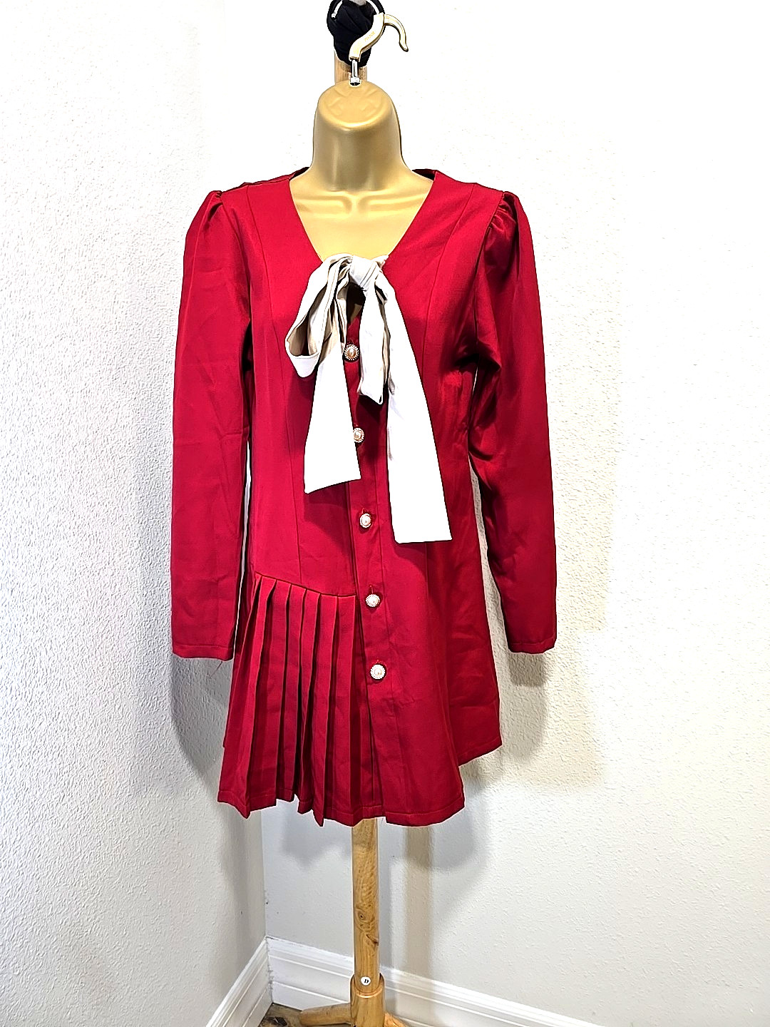 Drop Waist Mini Dress Sz Med Red Girly Preppy Pleated Twee Modest Pearl Buttons