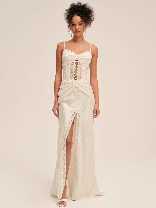 $729 NWT For Love And Lemons “Ophelia” Lace-Up Maxi Gown in Ivory Sz 4