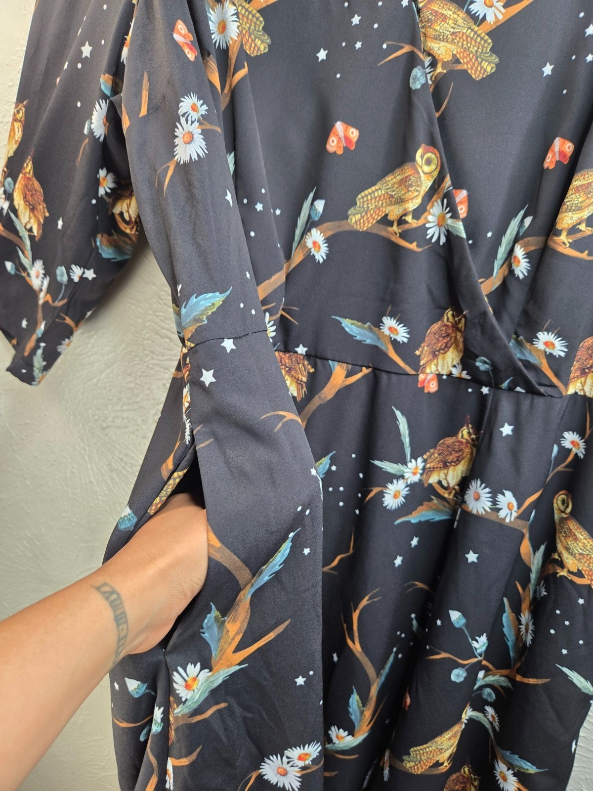Eshakti Owl Print Pocket Dress Plus Sz 24W Black Flowy Novelty Art Forest Fairy