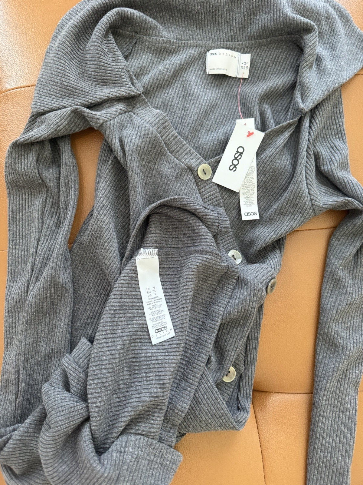 ASOS DESIGN Gray Ribbed Knit Button Wrap Front V-Neck Bodycon Mini Dress 2