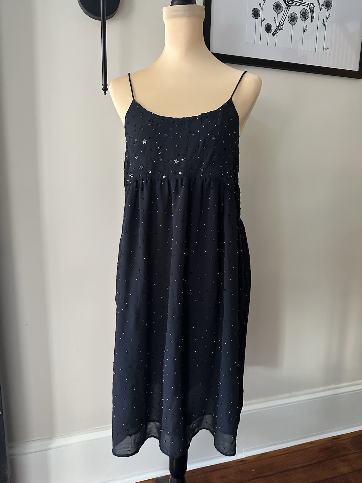 Mango Suit Black Star Beaded Scoop Neck Spaghetti Strap Midi Slip Dress M