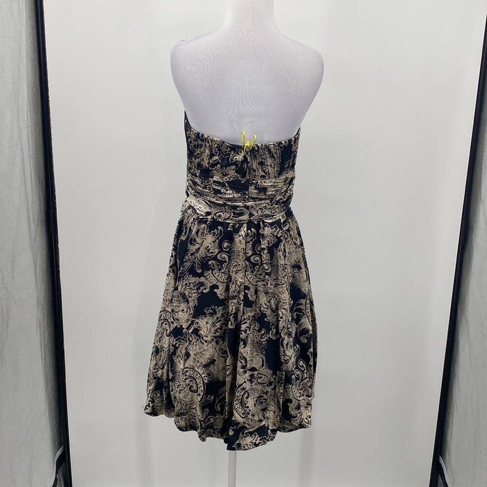 Y2K BCBGMaxAzria Silk Dress Size 8 Navy Blue Tan Strapless Bubble Hem Fairy Vtg