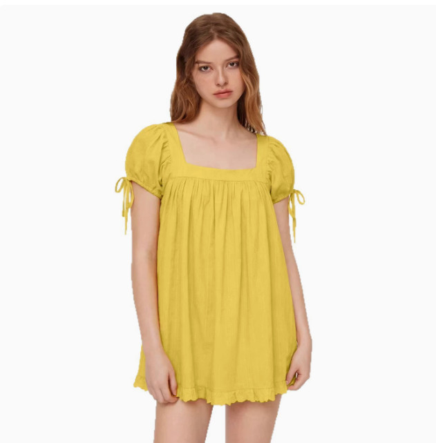 Ladies Summer Casual Square Neck Shirt Short Sleeve Tie Knot Ruffle Blouse Dress