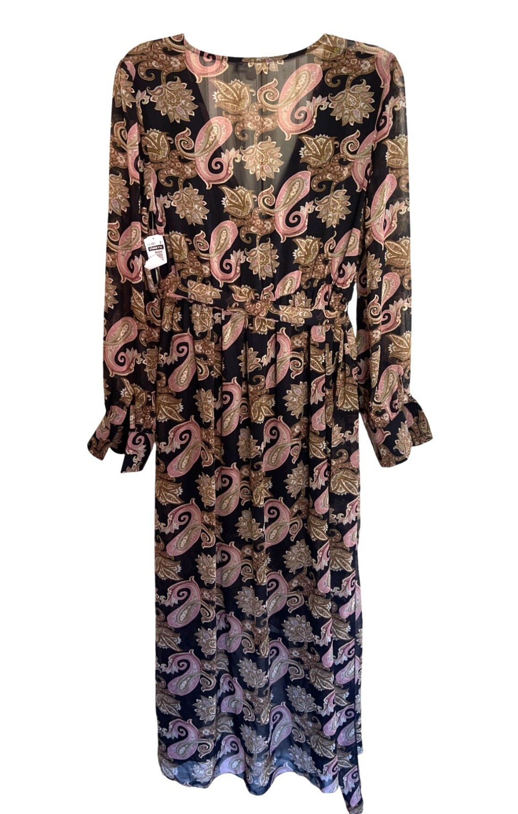 Miss Avenue Long Sleeve Maxi Dress Sz L Black Paisley Floral Sheer Wrap Kaftan