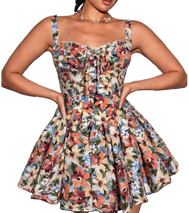 Babydoll Floral Mini Sundress Sz L Sweetheart Neck Smocked From Tie Orange City
