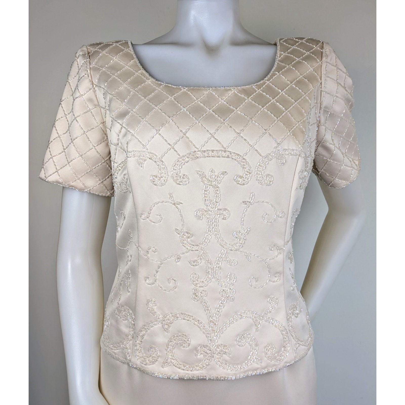 Karen Miller Maxi Dress 10 Cream Satin Beaded Short Sleeve Formal Event Wedding