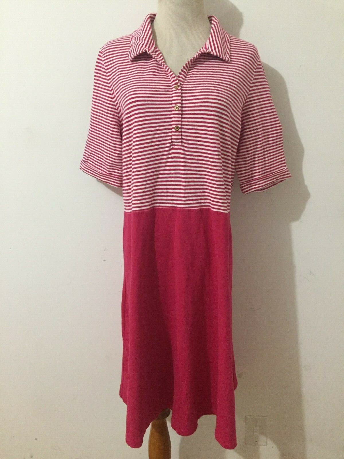 Lands’ End 1/2-Button Piqué Polo Shirt Dress Rosy Red & White Stripe Sz L(14-16)