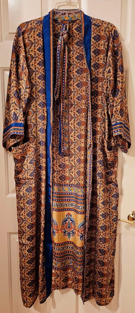 Art Silk Kimono Robe~ Women’s One Size~ Kimono w/Tie ~Floral Paisley ~Brown,Blue