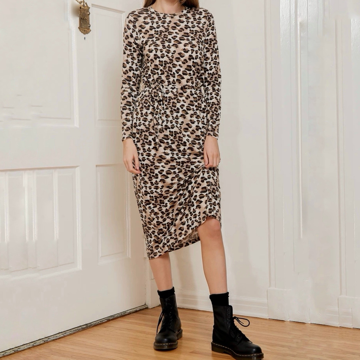 Vero Moda Women’s Size L Nava Beige Leopard Print Midi Dress Belted Lyocell NWT