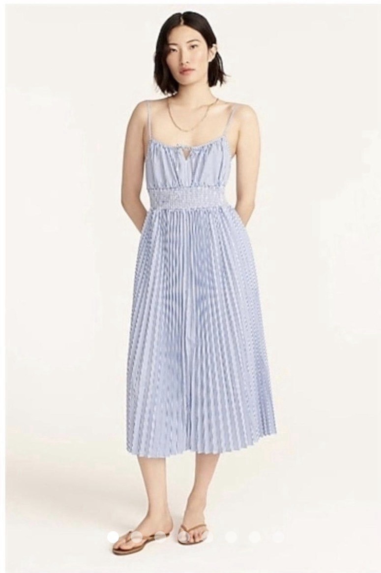 J.Crew Dress Blue White Striped Smocked Midi Pleated Womens 0