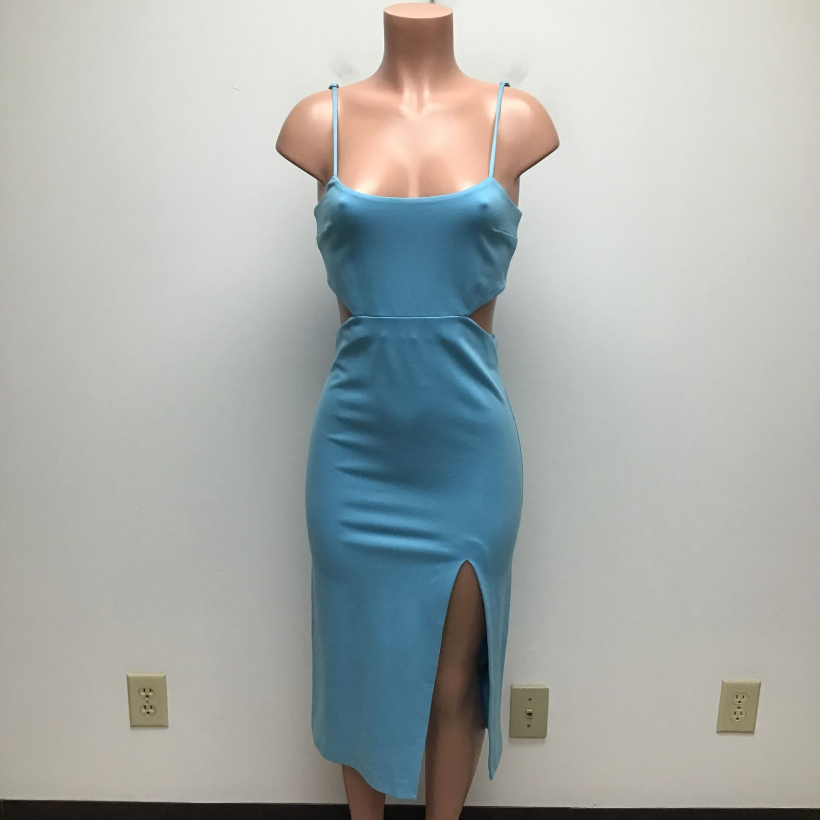 H:ours Womens Light Blue Adjustable Strap Cut Out Leg Slit Hayden Sheath Dress M