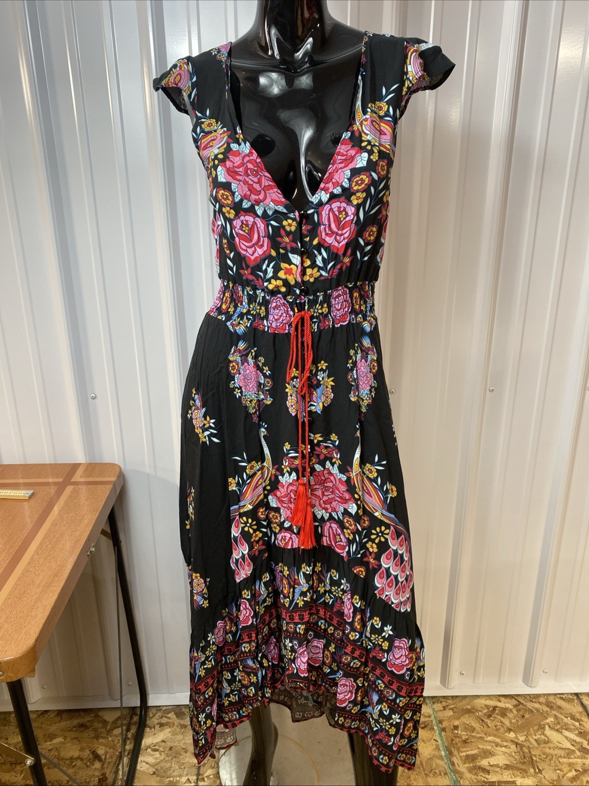 R Vivimos Maxi Dress S (4-6) Black Floral Peacock Boho Cottagecore Peasant