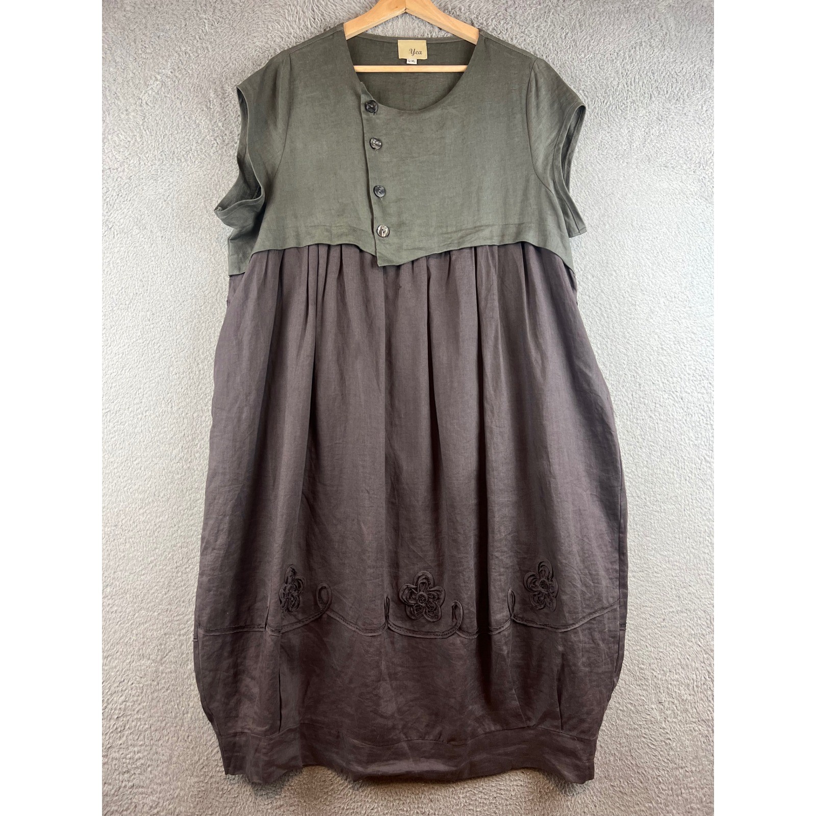 Yea Women L-XL Green Grey Linen Embroidered Bubble Hem Midi Dress Boho