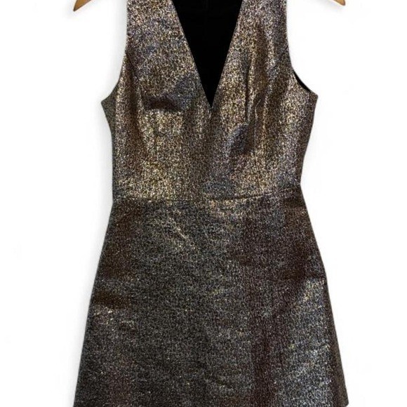 Sachin & Babi silver metallic mini dress with velvet trim and pleated skirt.