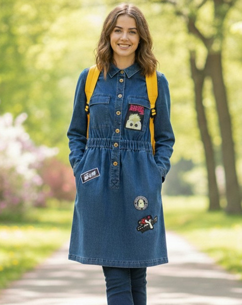 Five Plus Angry Birds Jeans Dress Denim Button Front Midi Utility Dress Size