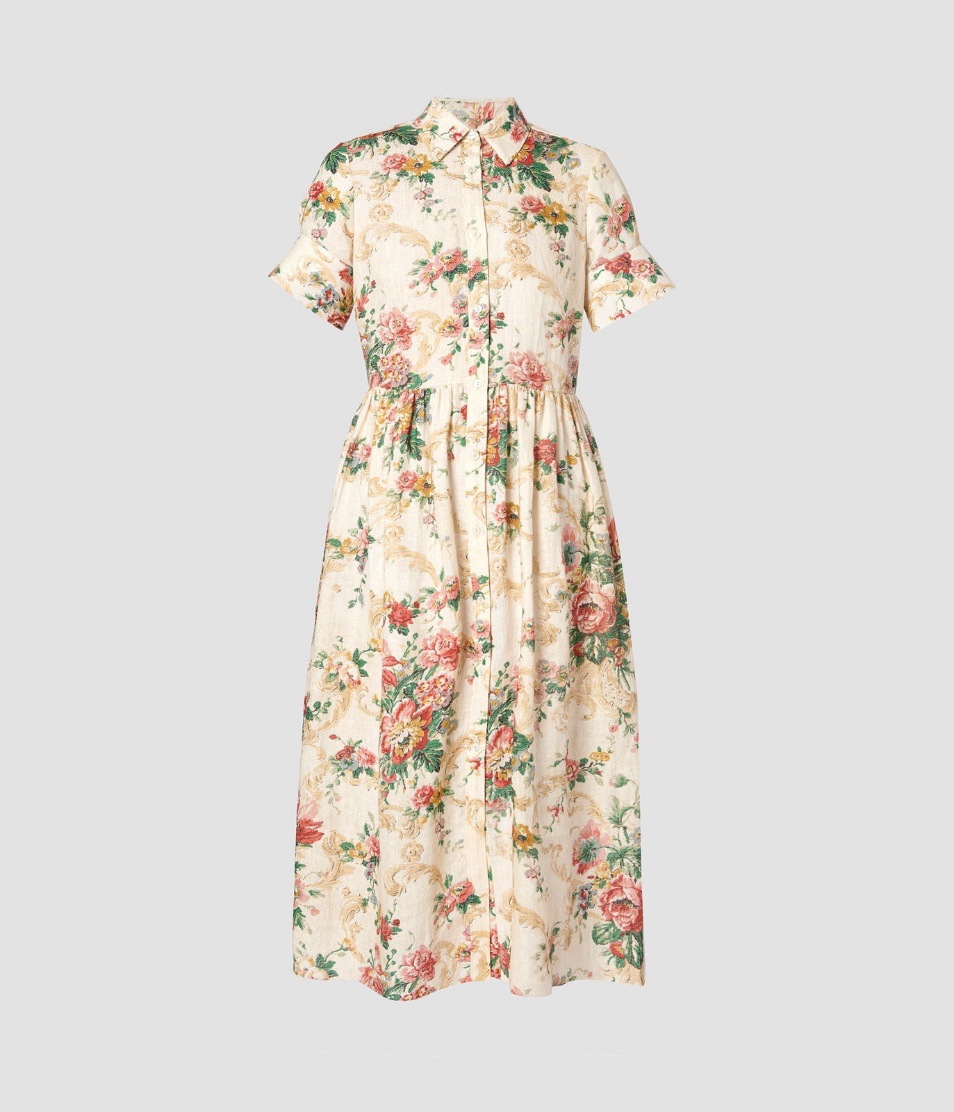 Beige Pink Green Floral Shirt Dress Collared Button Front Short Sleeve Midi