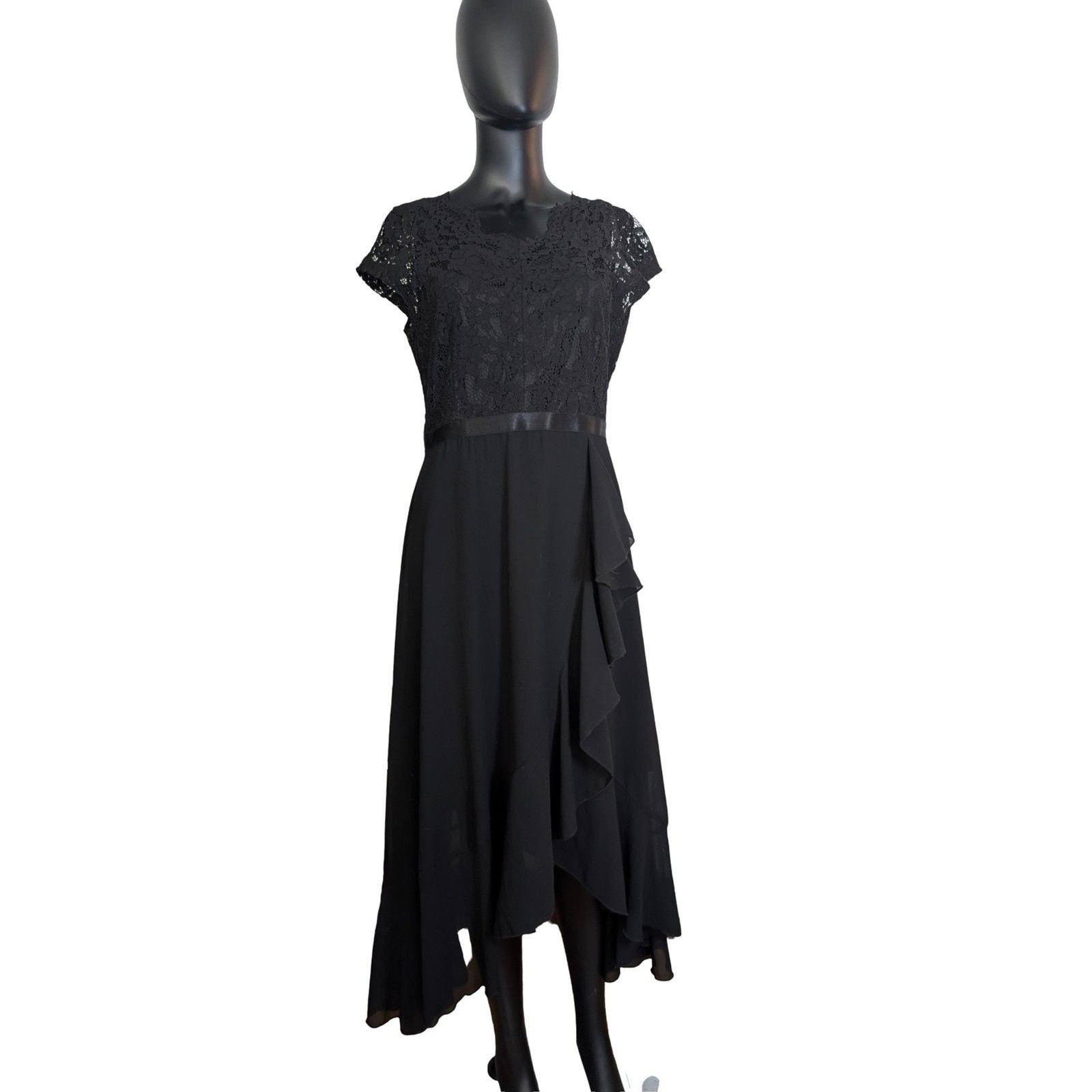 MIUSOL Women’s XL Black Lace A-Line Midi Dress Cap Sleeve Formal Evening