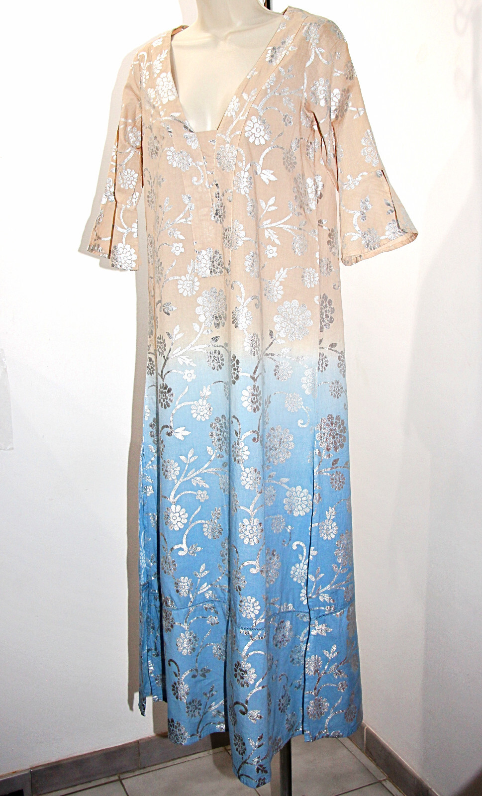 DEBBIE KATZ Delfi Long Metallic Block Print Tunic Dress Beige/Blue sz S $114