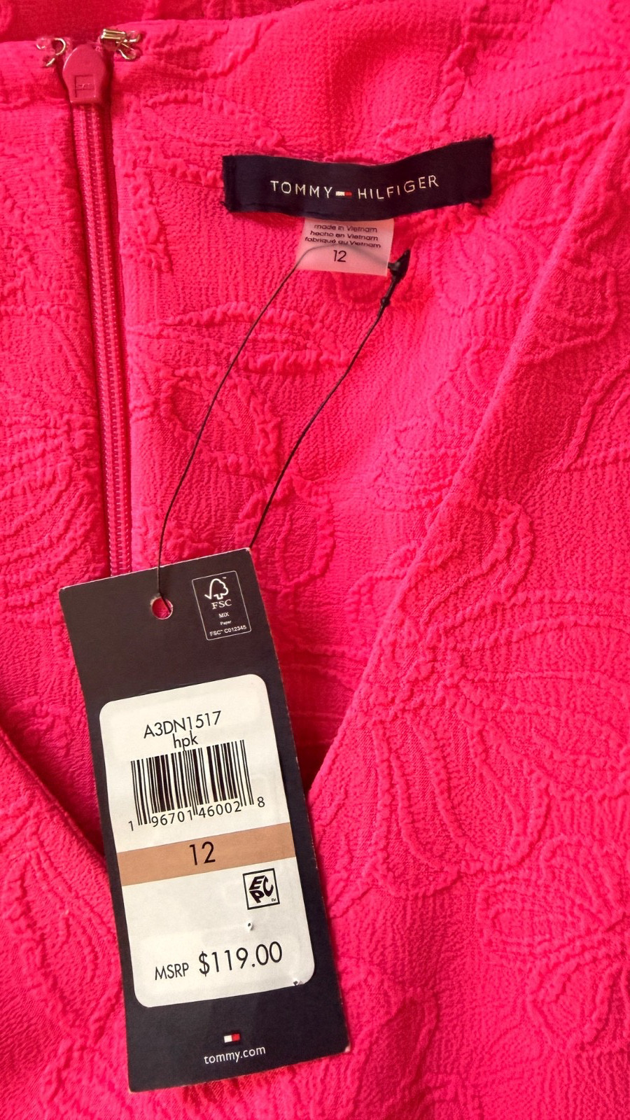 NWT Tommy Hilfiger Blossom Jacquard Puff Sleeve Dress Pink V-Neck Sz 12 Floral