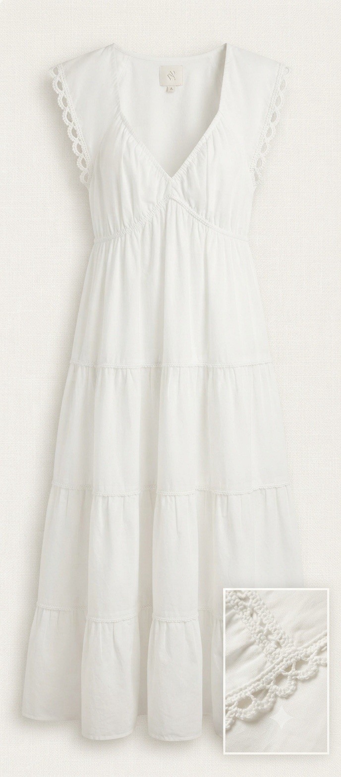 Saevely White Solid Maxi Dress 1XL V-Neck Flutter Sleeve Lace Trim Tiered