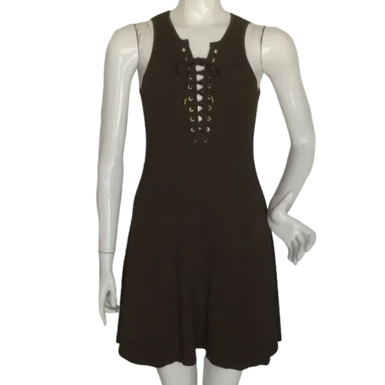 TORN BY RONNY KOBO Knit Dress, S, Olive Green, Ribbed/Textured, Lace-up neckline