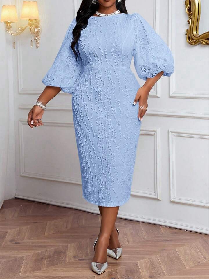Elegant Solid Color Round Neck Lantern 3/4 Sleeves Autumn & Winter Knitted Dress