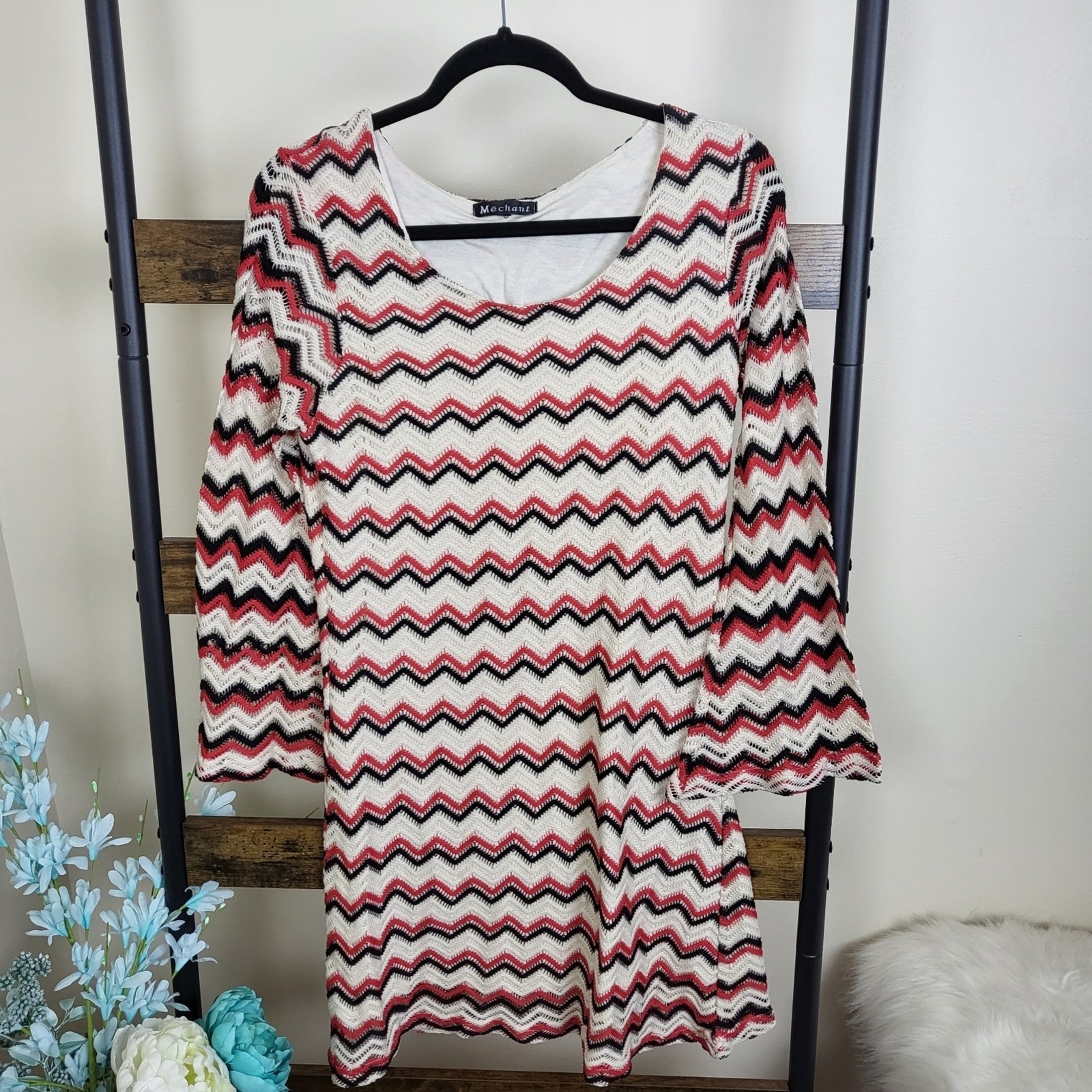 Mechant crochet chevron dress with bell sleeves size S