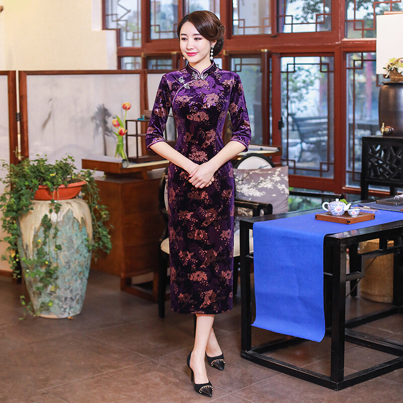 Chinese Women Velvet Ball Qipao Traditional Long Cheongsam Dress Size M-5Xl
