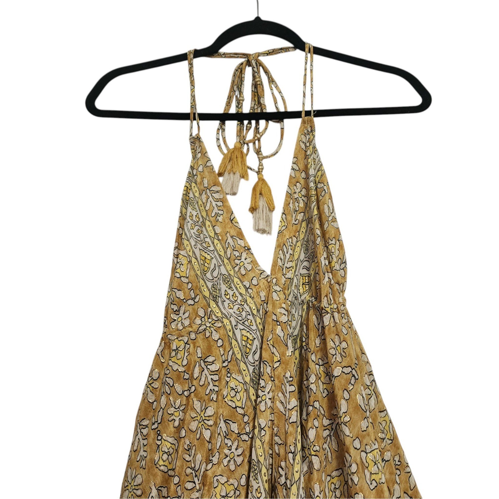 Short Yellow Gold Floral Halter Sun Dress Boho Tassel One Size