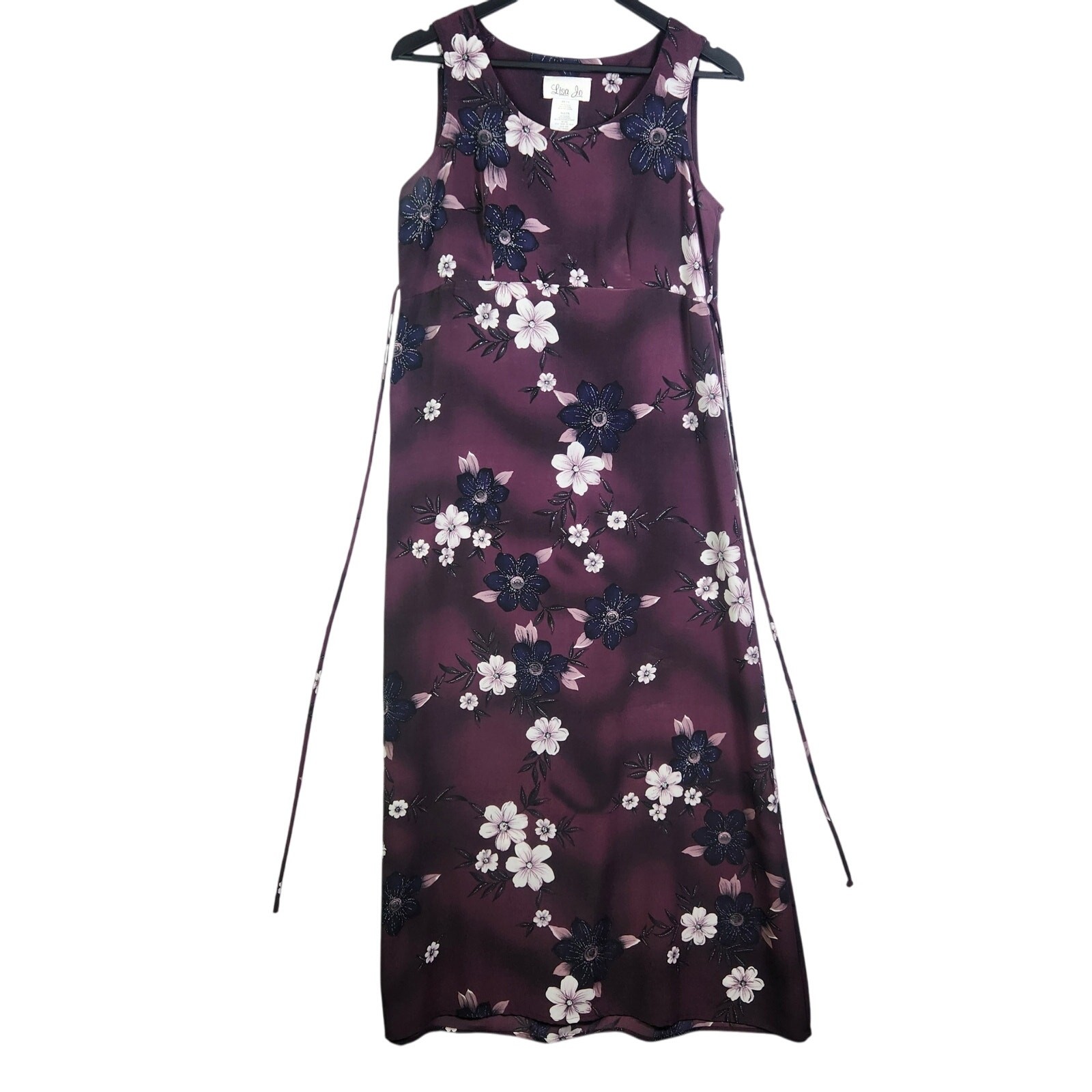 VTG 90s Y2K Dark Floral Tie Back Maxi Dress Purple 7/8 WhimsiGoth Fairy Witchy