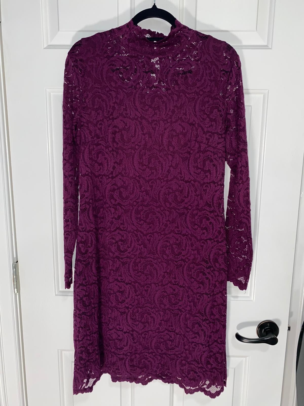 Isaac Mizrahi Women’s Deep Plum Lace Sheer Mock Neck Long Sleeve Sheath Dress M